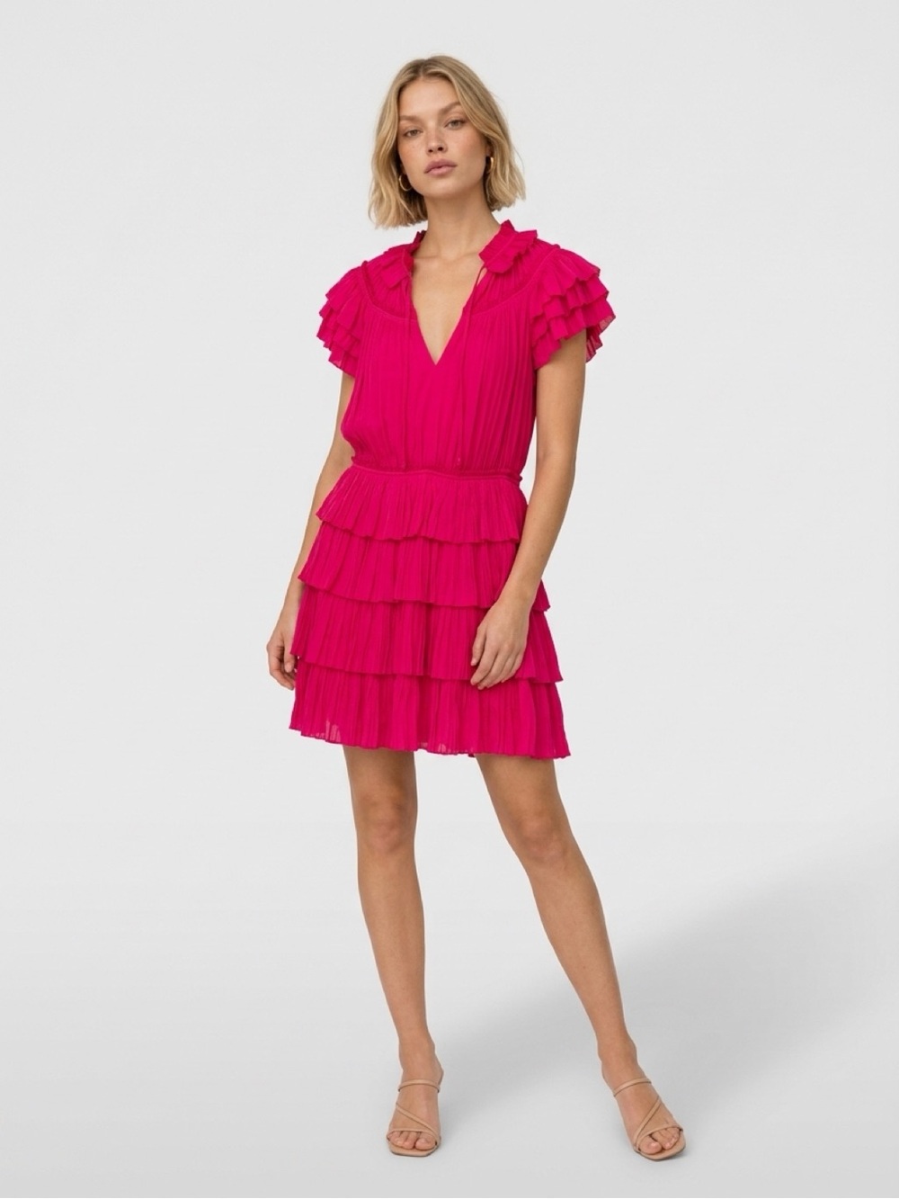 Ulla Johnson Hot Pink Tiered Ruffle V‑Neck Mini Dress